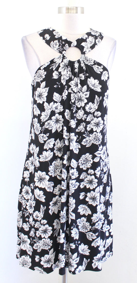 Soma Black White Floral Halter Ring Jersey Dress w/ Bra Size L Casual Summer