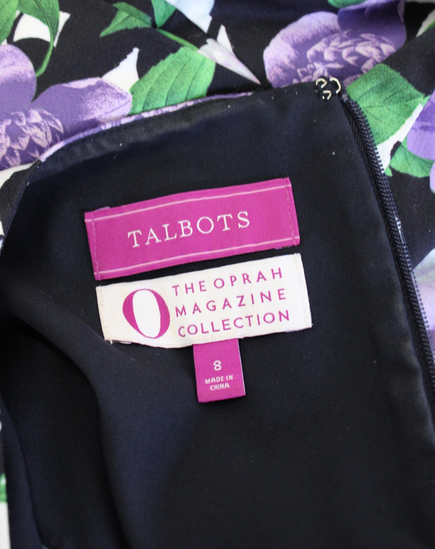 Talbots x Oprah Floral Hydrangea Fit and Flare Dress Size 8 Black Purple Green