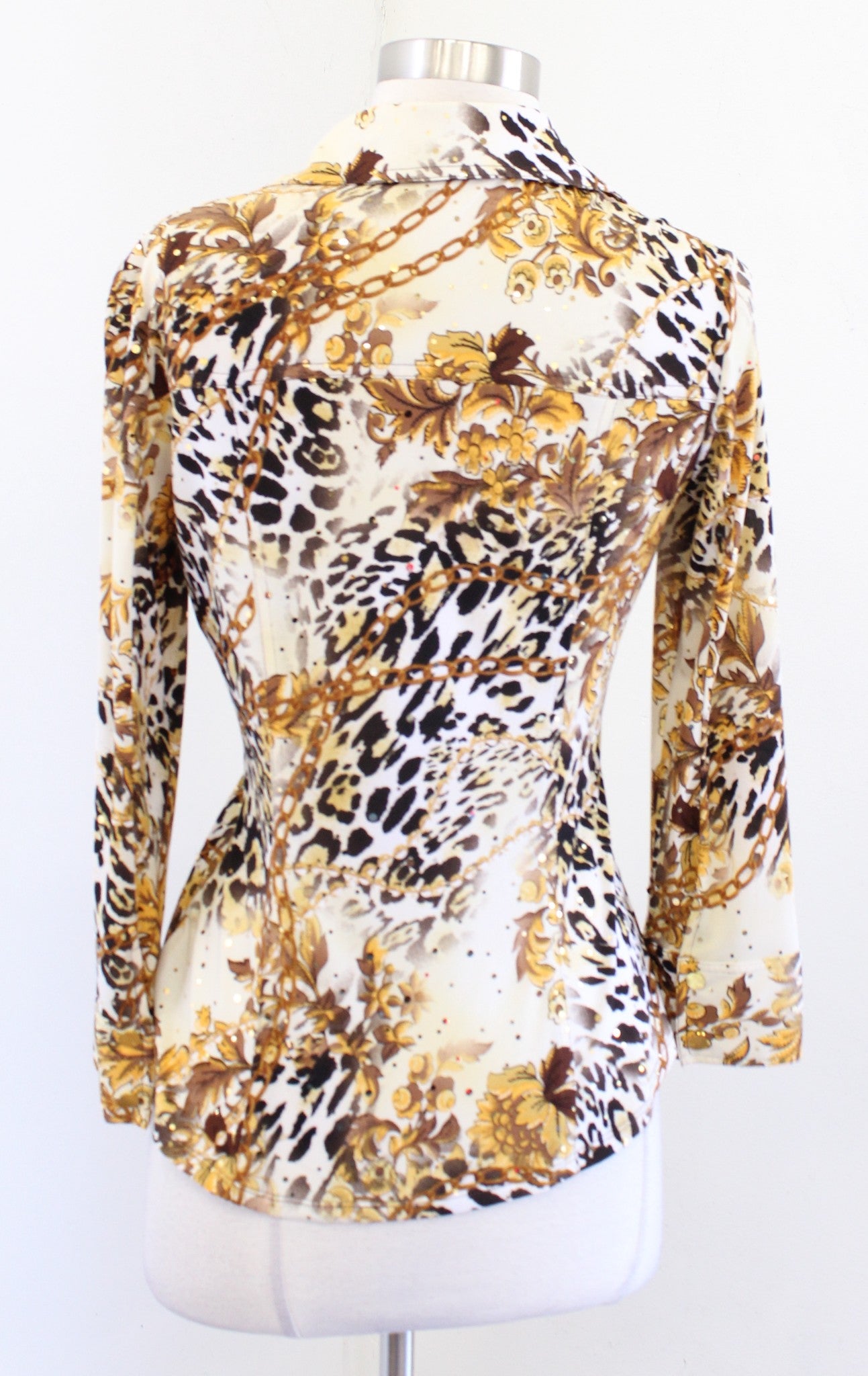 Vtg Cache Mixed Animal Scarf Print Button Front V Neck Jersey Top Blouse Size S