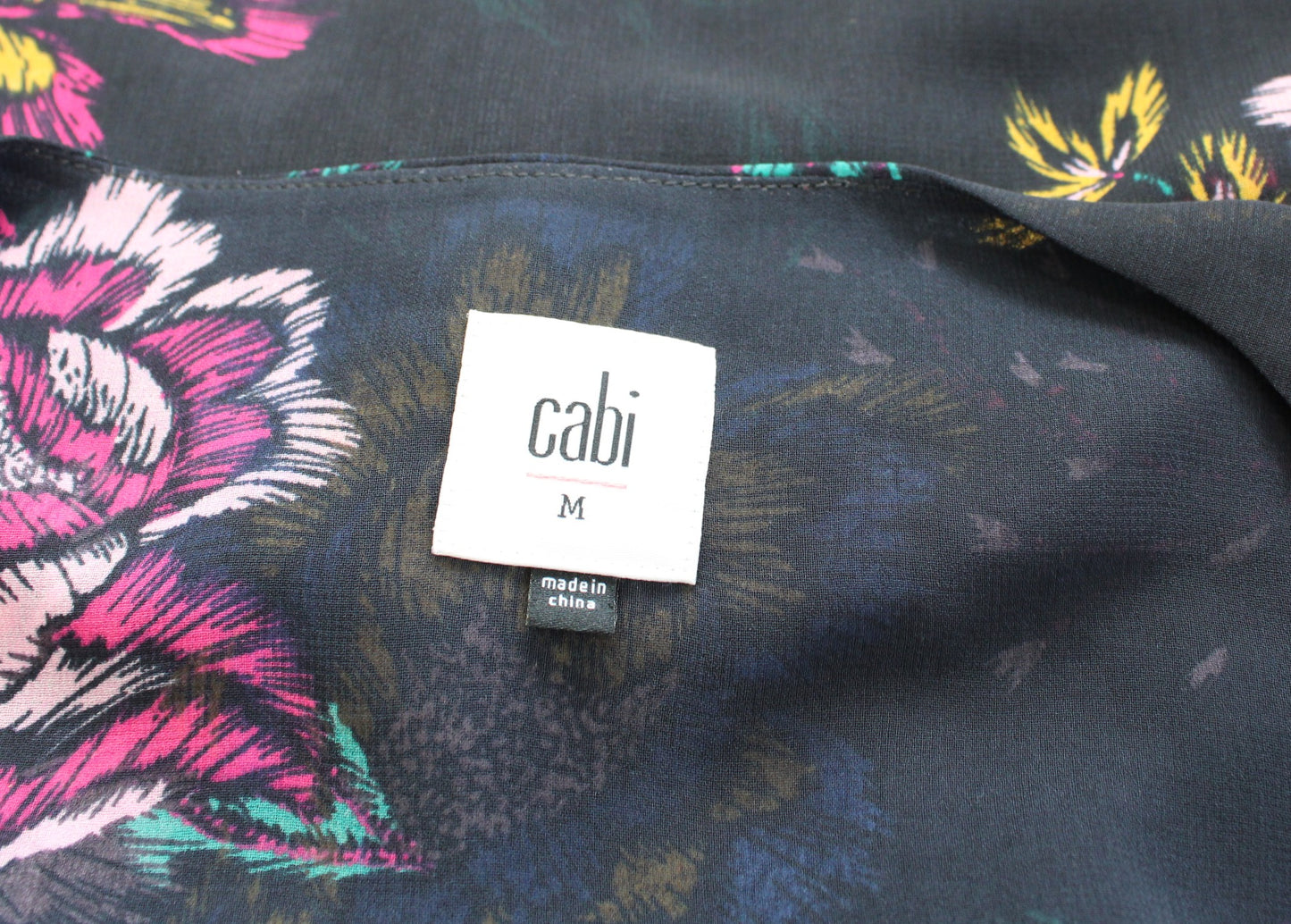 CAbi Olivia Navy Blue Multi Color Floral Print V Neck Top Blouse M Bell Sleeve