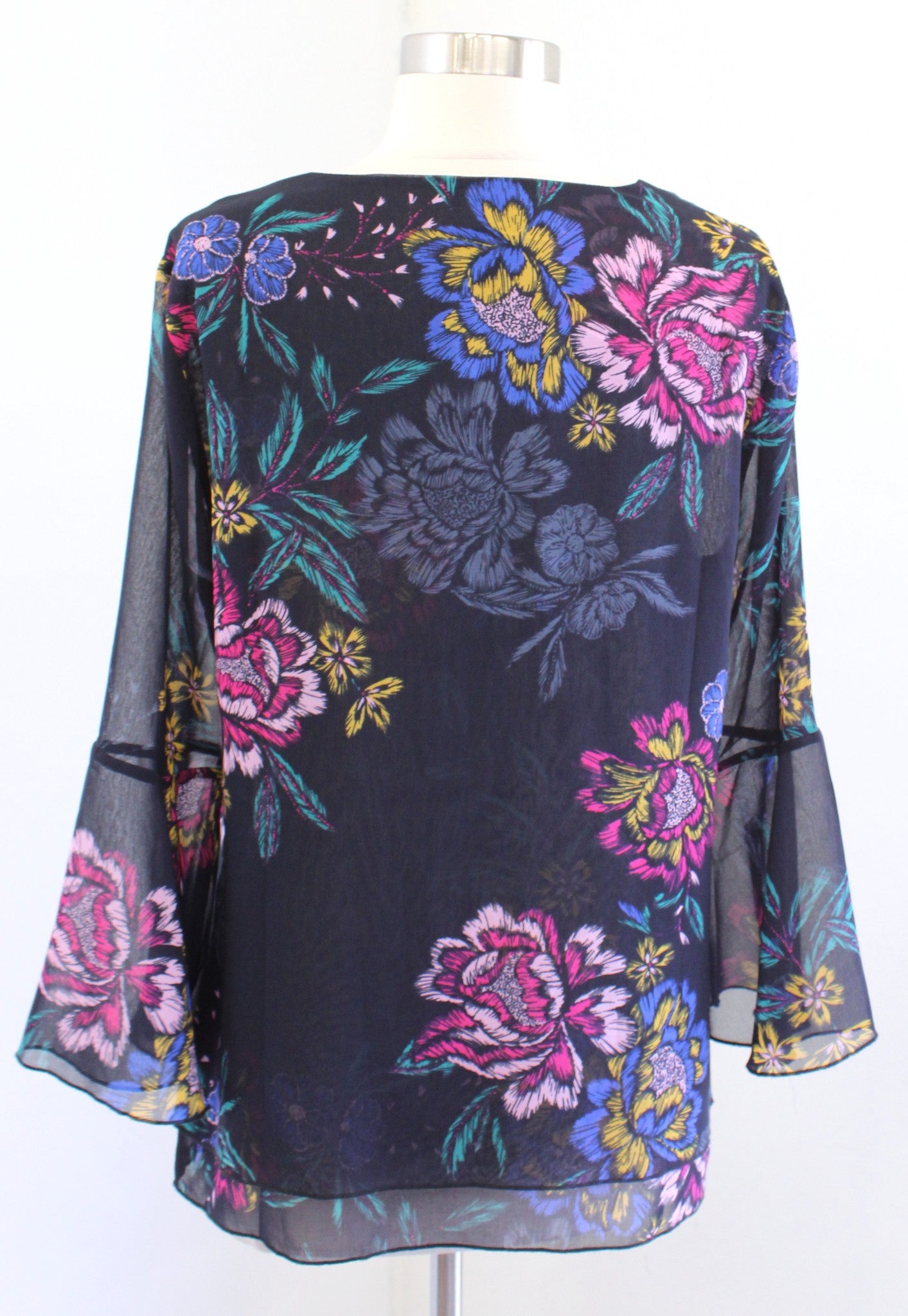 CAbi Olivia Navy Blue Multi Color Floral Print V Neck Top Blouse M Bell Sleeve