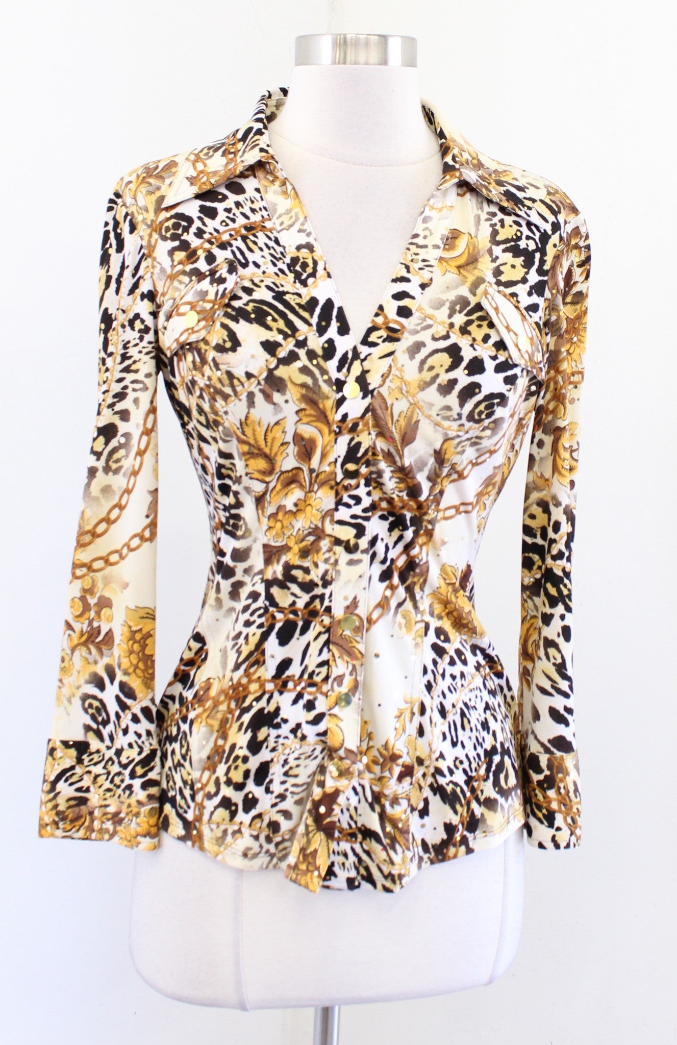 Vtg Cache Mixed Animal Scarf Print Button Front V Neck Jersey Top Blouse Size S