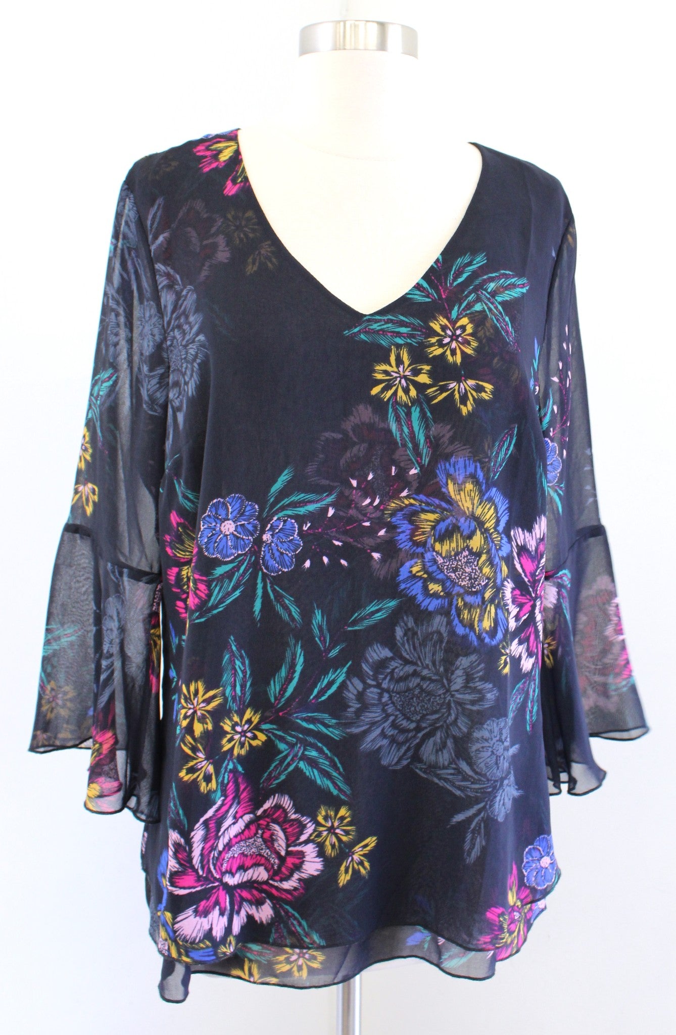 CAbi Olivia Navy Blue Multi Color Floral Print V Neck Top Blouse M Bell Sleeve