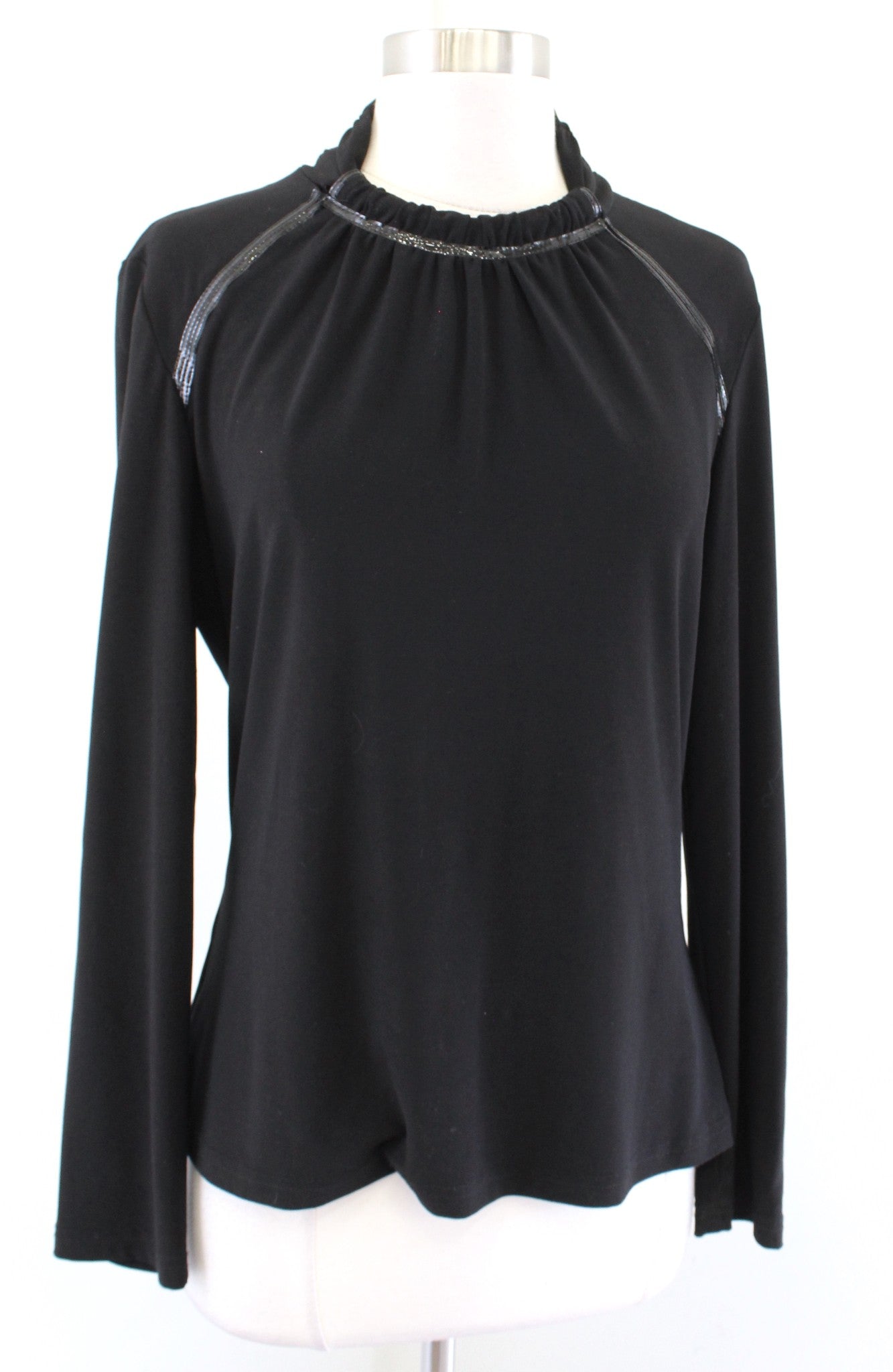 Joseph Ribkoff Solid Black Jersey Knit Patent Trim Mock Neck Top Blouse Size 12