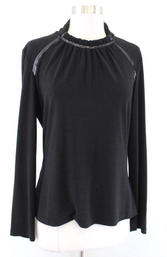 Joseph Ribkoff Solid Black Jersey Knit Patent Trim Mock Neck Top Blouse Size 12