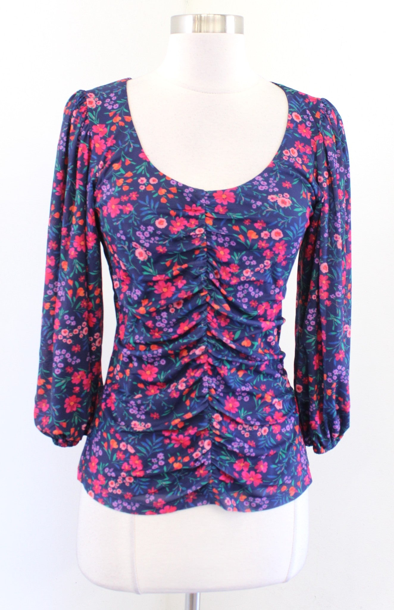 Draper James Shelby Navy Blue Floral Scoop Neck Ruched Mesh Top Blouse Size S