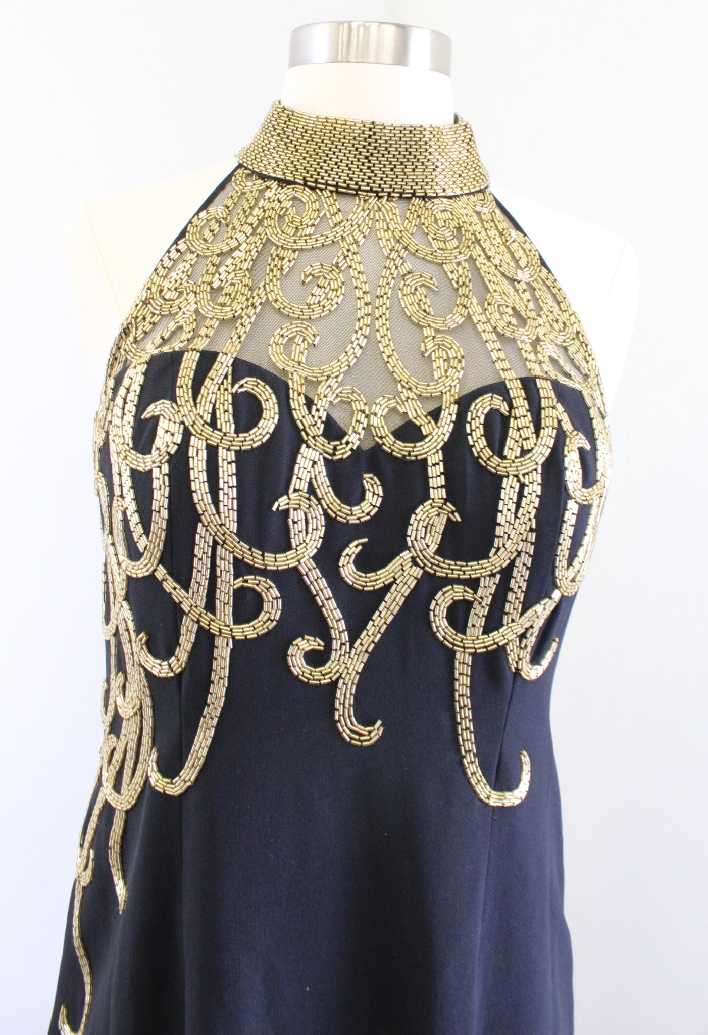 Vtg Alyce Designs Black Gold Sequin Beaded Mock Neck Evening Formal Dress Sz 10