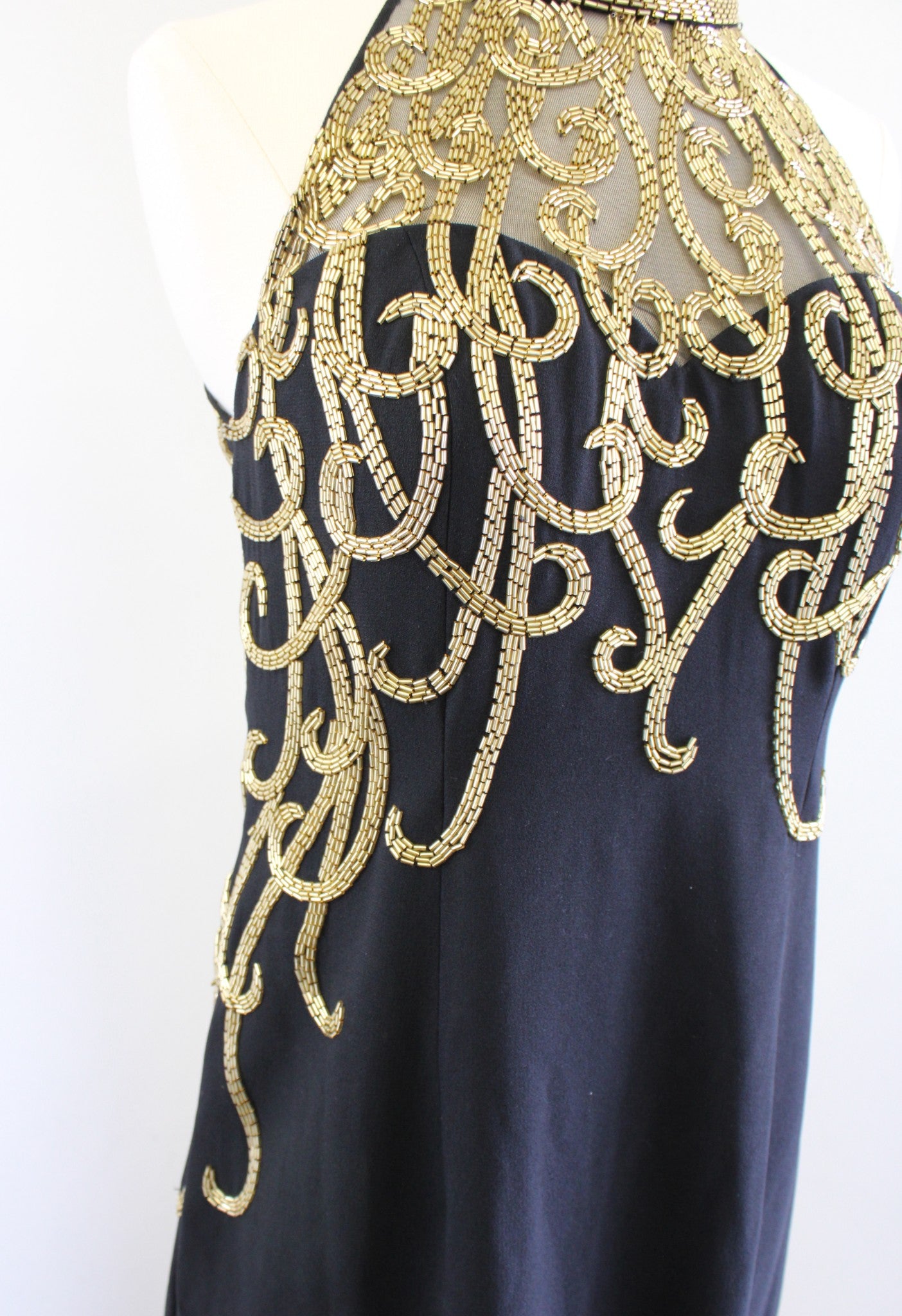 Vtg Alyce Designs Black Gold Sequin Beaded Mock Neck Evening Formal Dress Sz 10