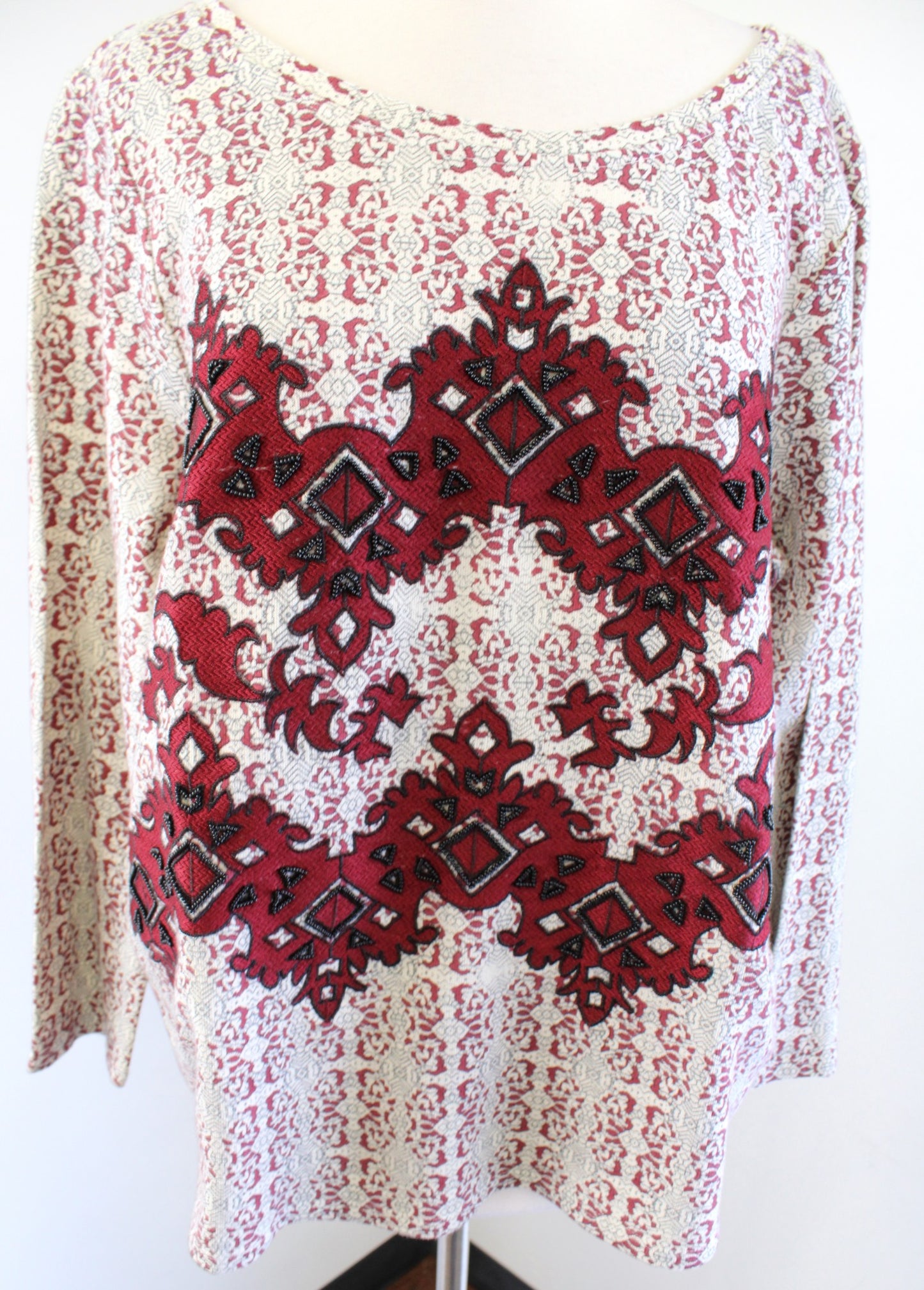 Sundance Catalog Red Off White Geometric Embroidered Beaded Sweatshirt Top Sz XL