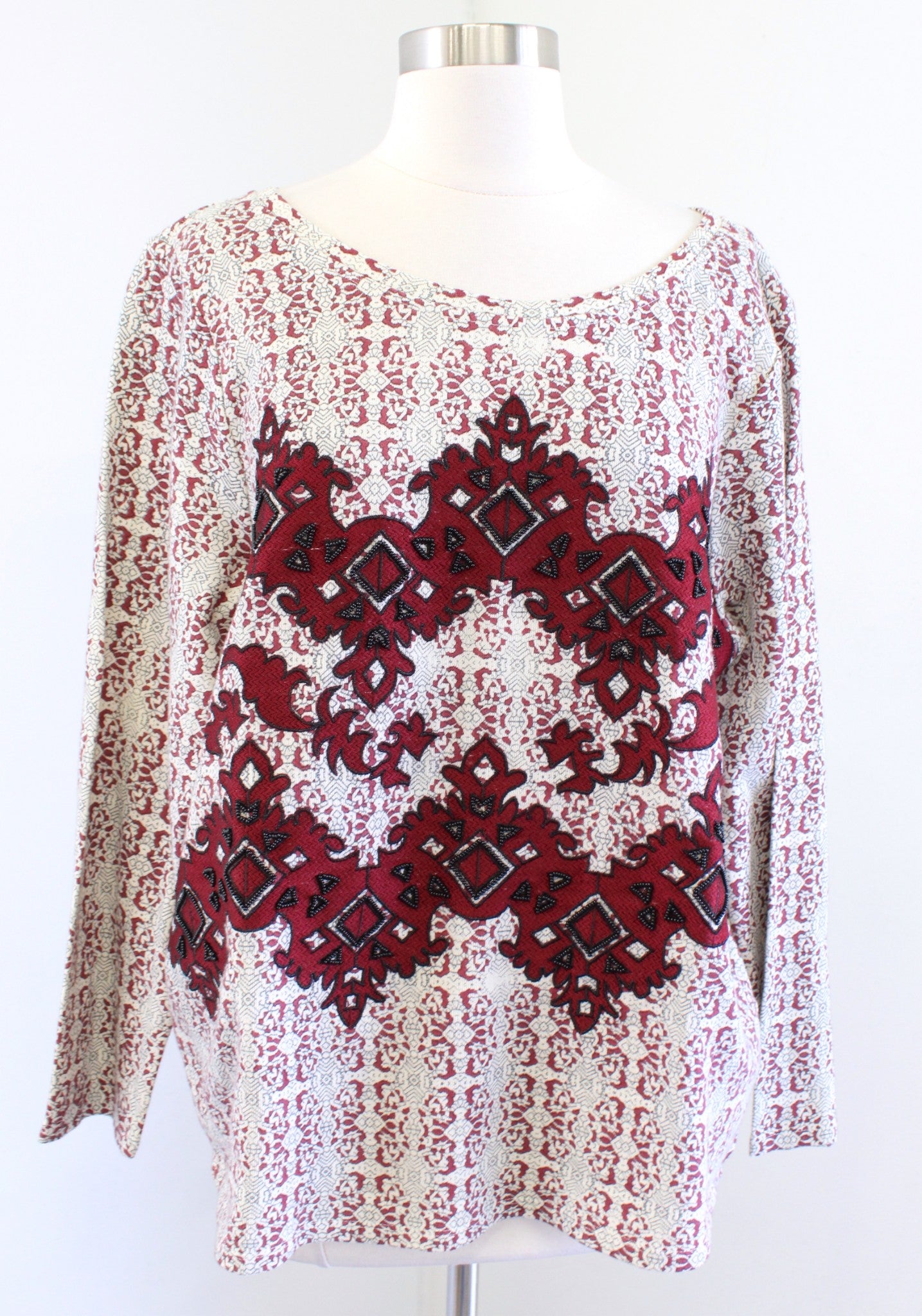 Sundance Catalog Red Off White Geometric Embroidered Beaded Sweatshirt Top Sz XL