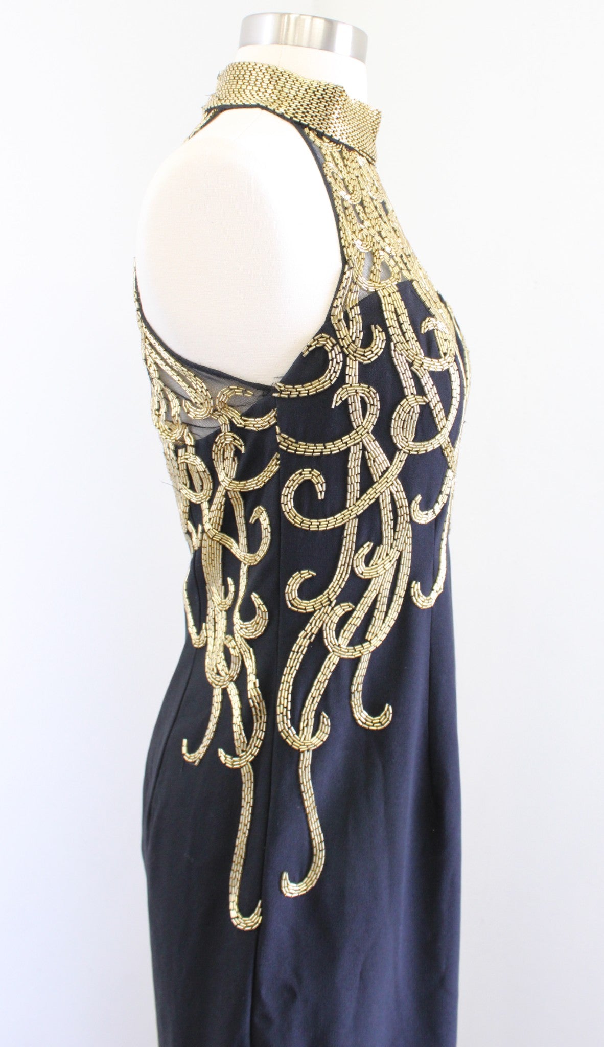 Vtg Alyce Designs Black Gold Sequin Beaded Mock Neck Evening Formal Dress Sz 10