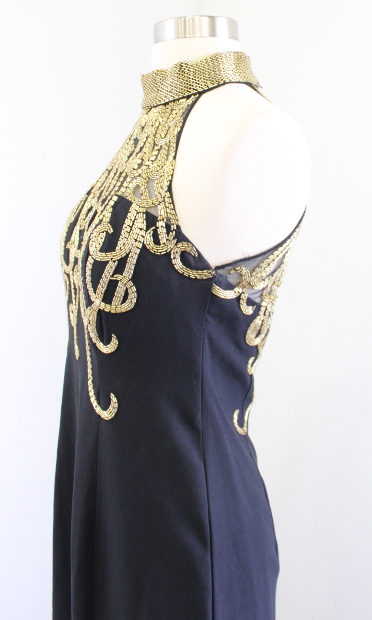 Vtg Alyce Designs Black Gold Sequin Beaded Mock Neck Evening Formal Dress Sz 10