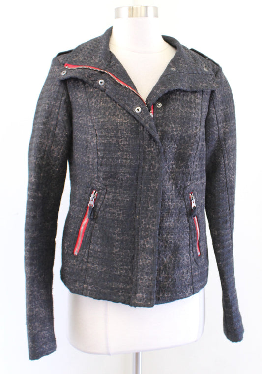 Free People We the Free Black Textured Red Pop of Color Moto Jacket Size 8