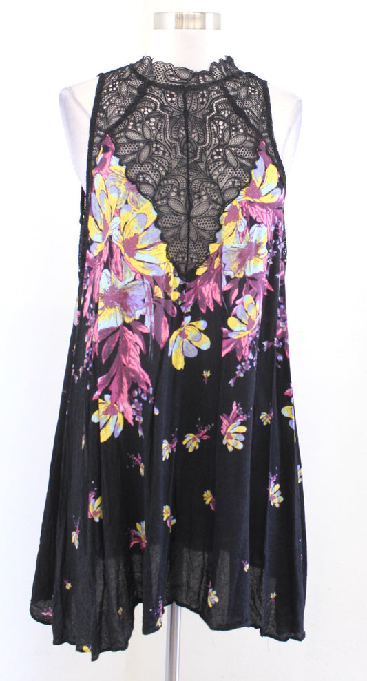 Intimately Free People Marsha Black Floral Lace Mock Neck Mini Slip Dress Size S