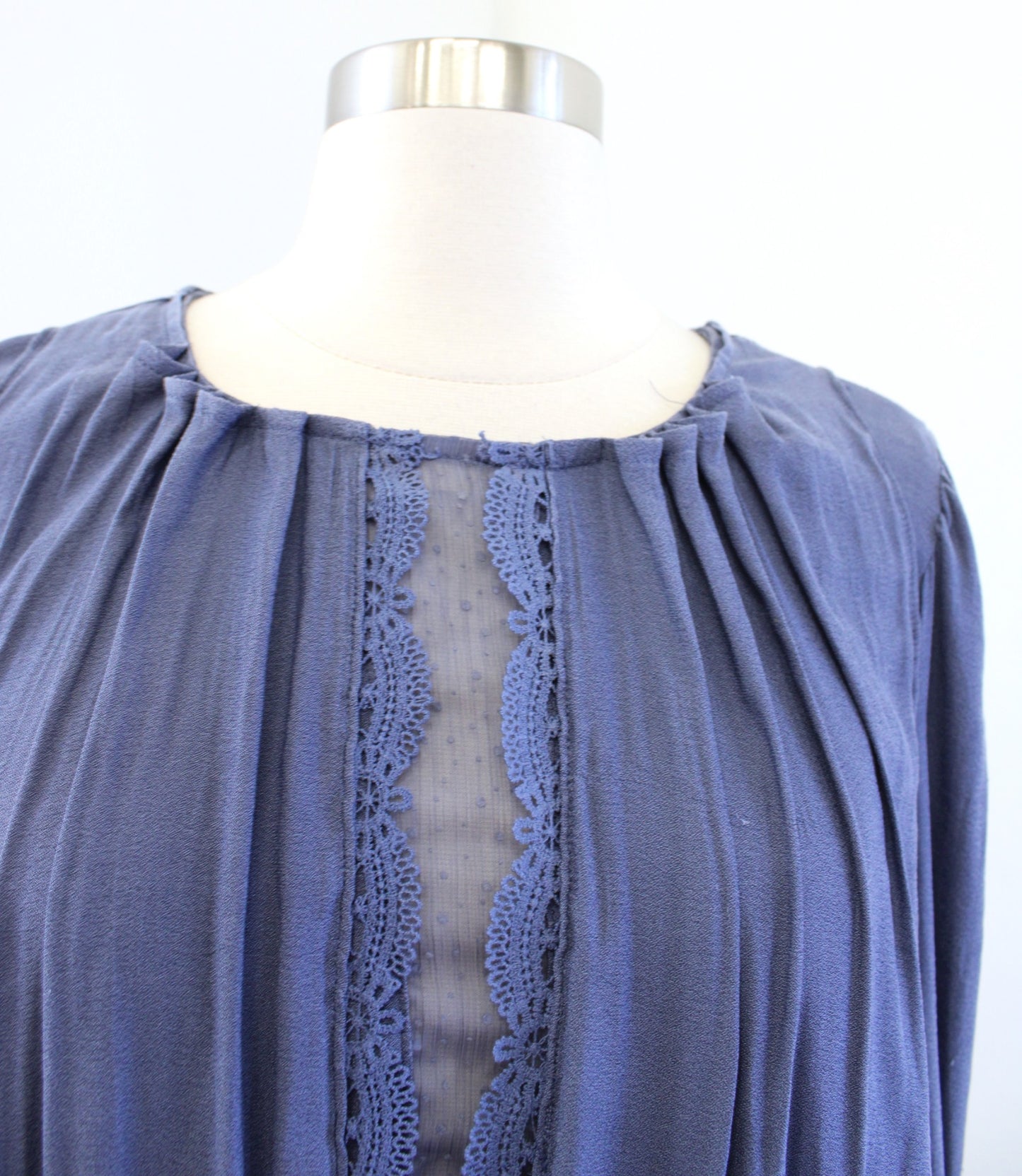 NWT Free People Soul Serene Dusty Blue Mesh Lace Inset Top Blouse Size S Boho Long Sleeve