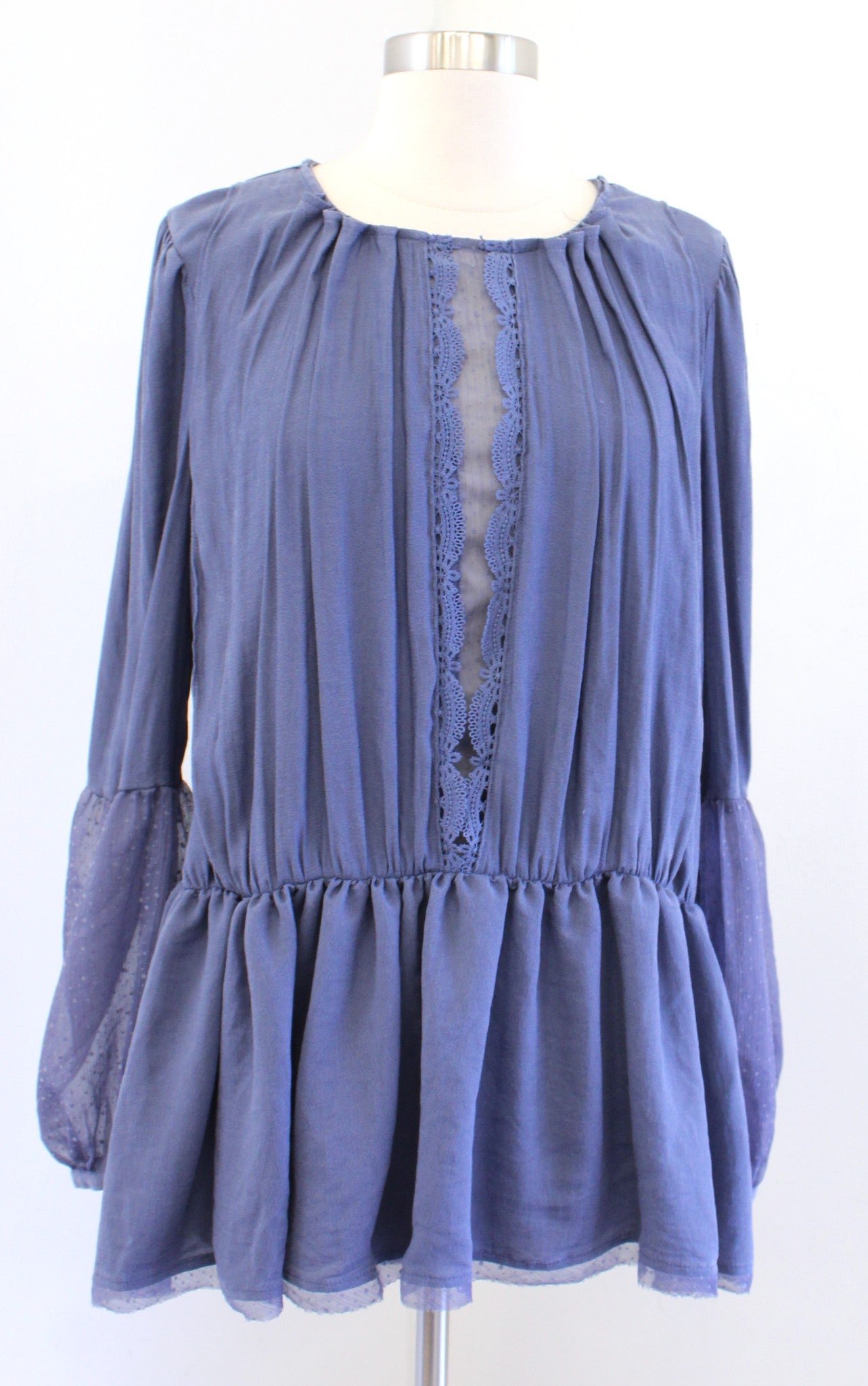 NWT Free People Soul Serene Dusty Blue Mesh Lace Inset Top Blouse Size S Boho Long Sleeve