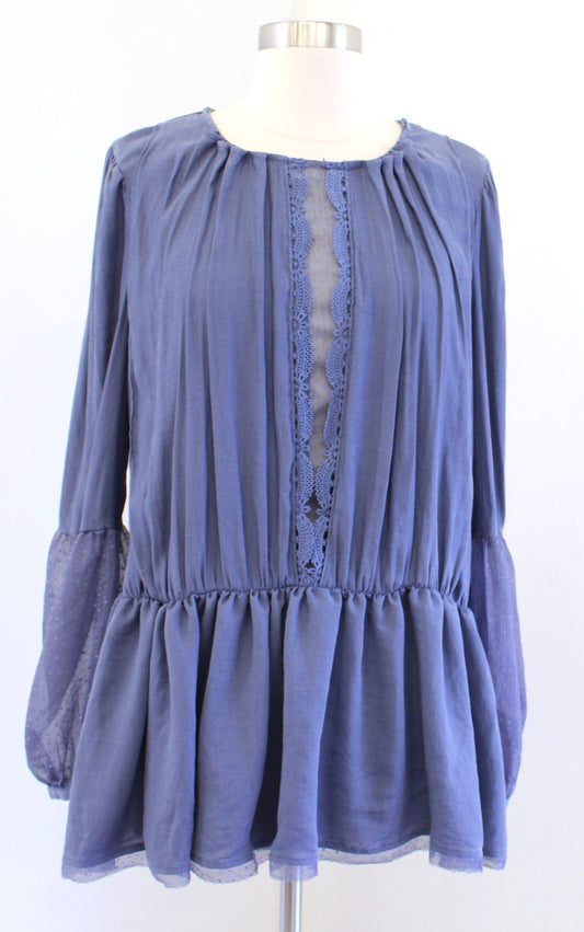 NWT Free People Soul Serene Dusty Blue Mesh Lace Inset Top Blouse Size S Boho