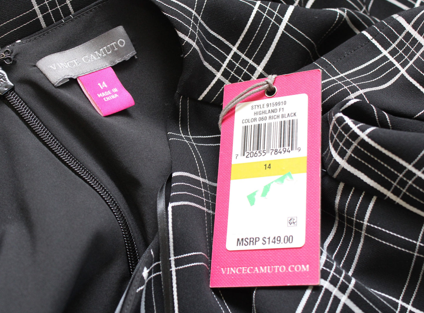 NWT Vince Camuto Black White Plaid Asymmetrical Handkerchief Hem Dress Size 14