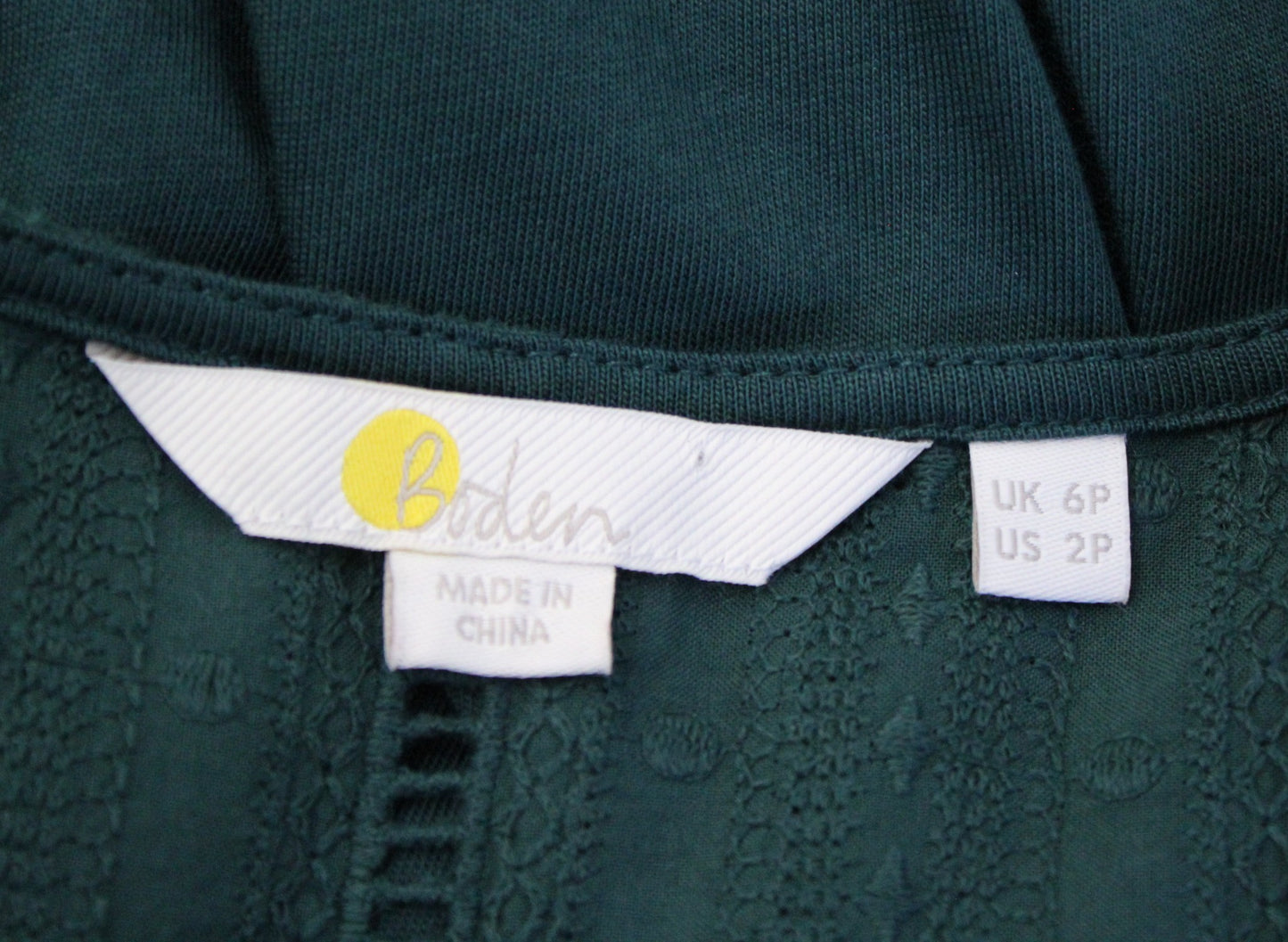 Boden Forest Green Woven Mix Midi Jersey Dress Size 2P Eyelet V Neck Flounce