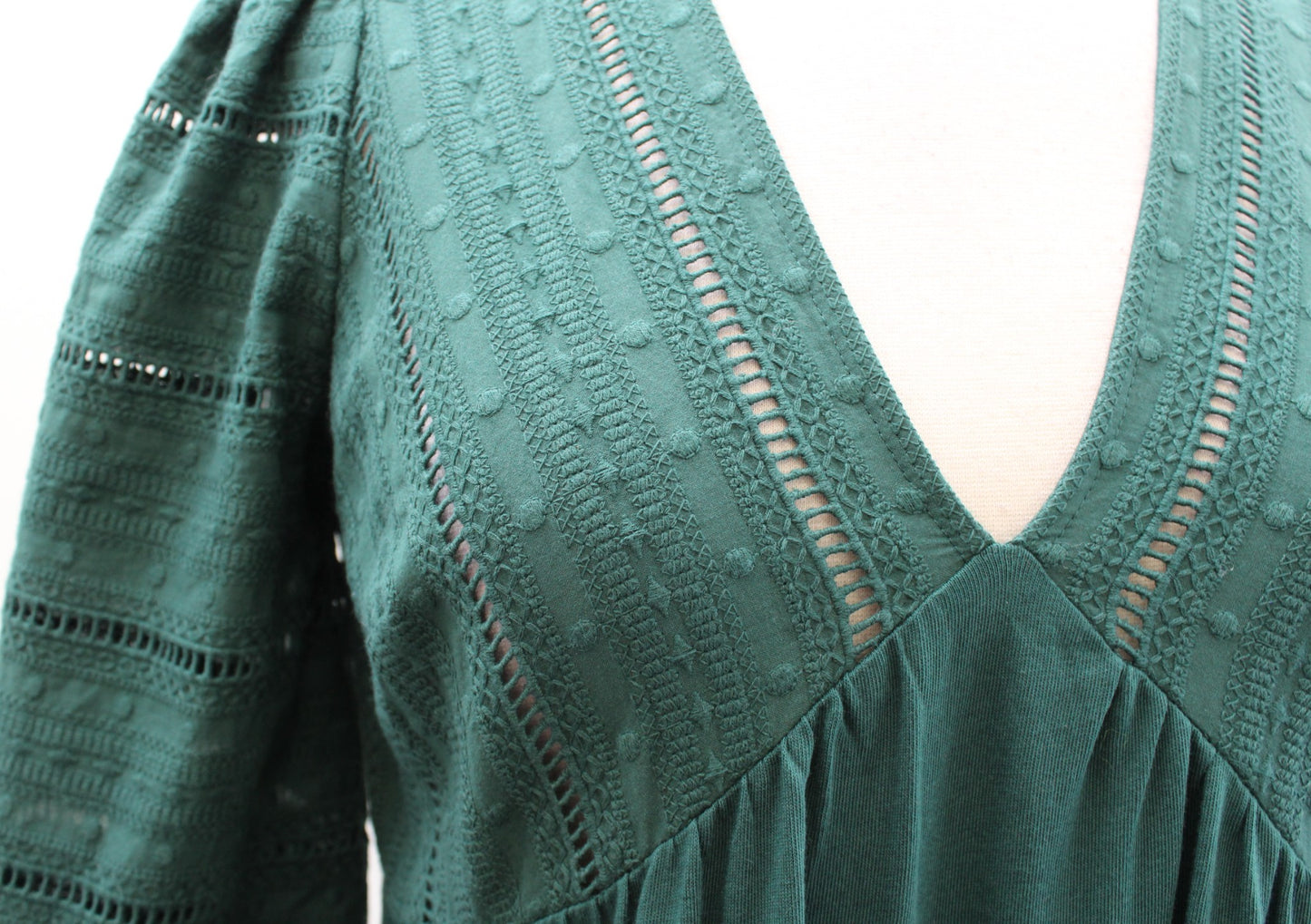 Boden Forest Green Woven Mix Midi Jersey Dress Size 2P Eyelet V Neck Flounce