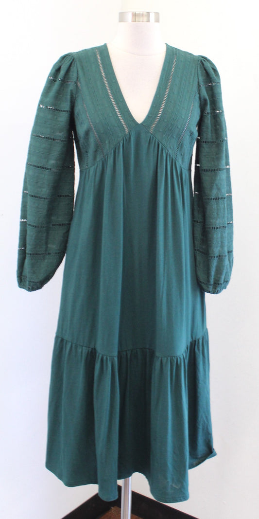 Boden Forest Green Woven Mix Midi Jersey Dress Size 2P Eyelet V Neck Flounce