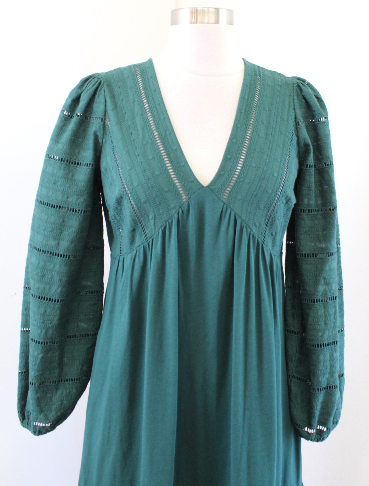 Boden Forest Green Woven Mix Midi Jersey Dress Size 2P Eyelet V Neck Flounce