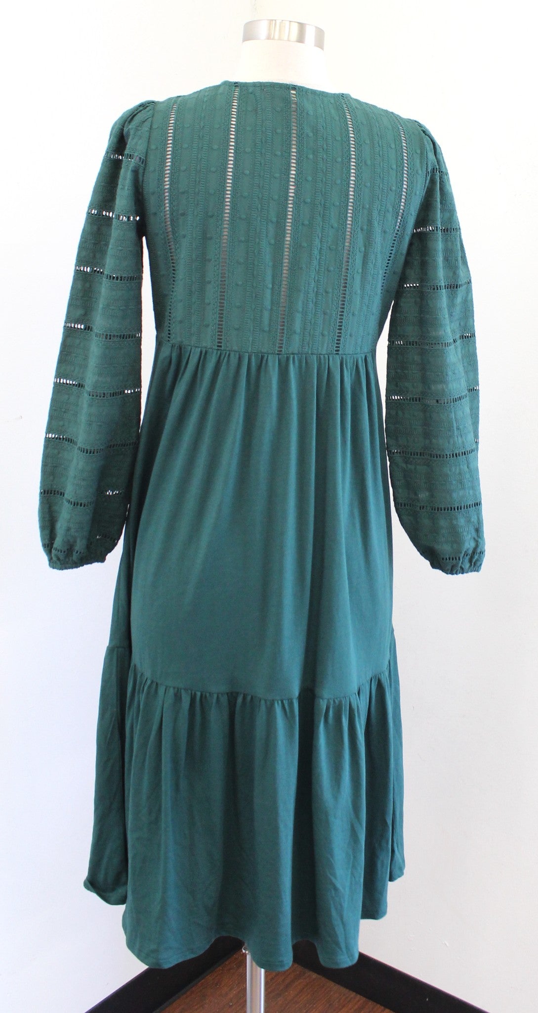 Boden Forest Green Woven Mix Midi Jersey Dress Size 2P Eyelet V Neck Flounce