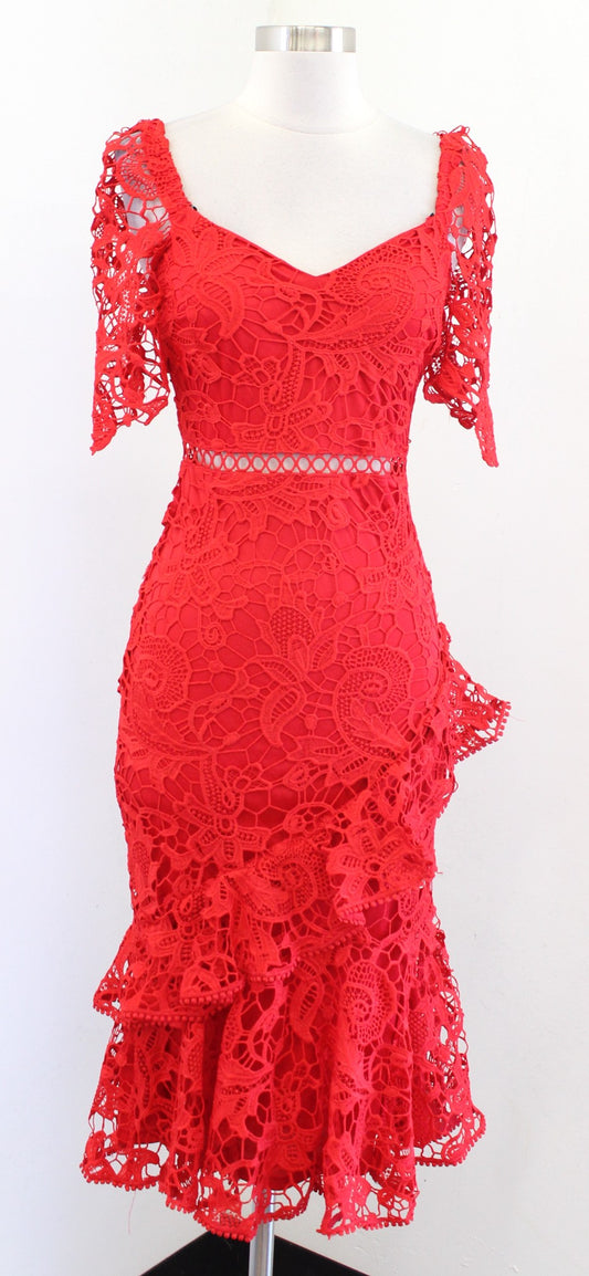 Lulus Briarwood Red Eyelet Lace Ruffle Midi Dress Size XS Cocktail Party