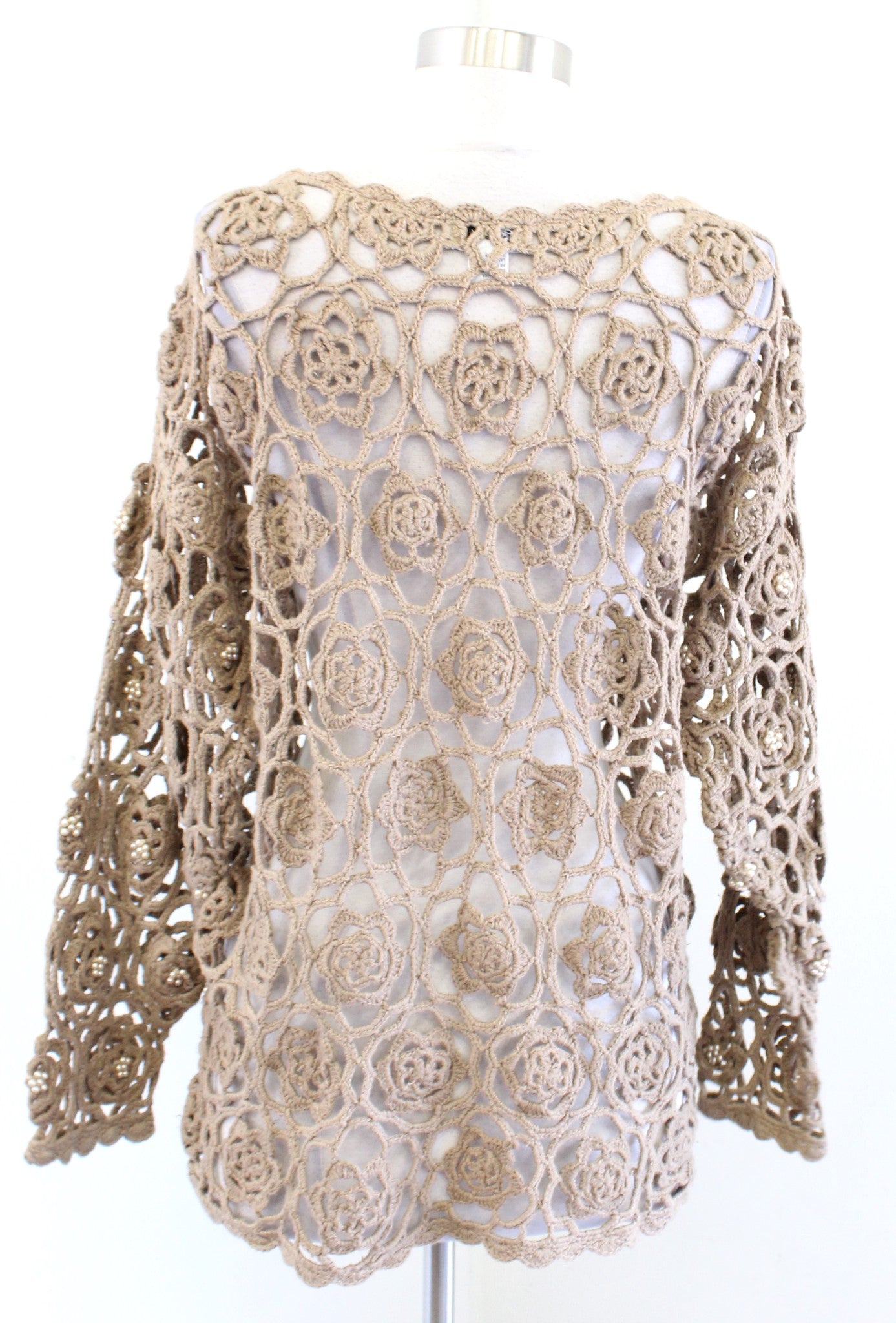 Vtg 2000s Y2k Tan Floral Crochet Open Knit Pearl Beaded Sweater Size M Boho