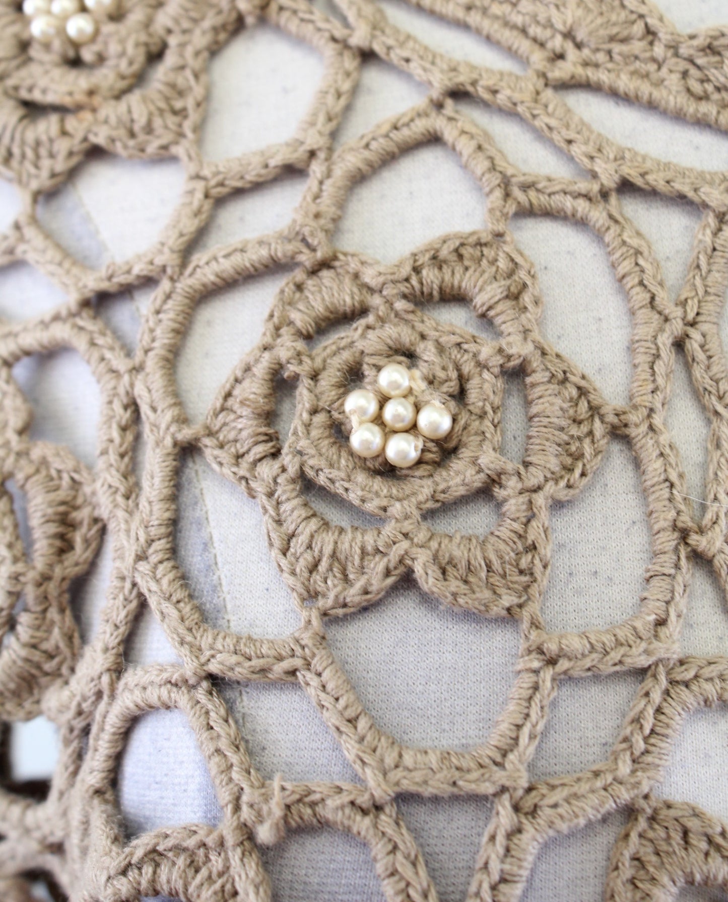 Vtg 2000s Y2k Tan Floral Crochet Open Knit Pearl Beaded Sweater Size M Boho