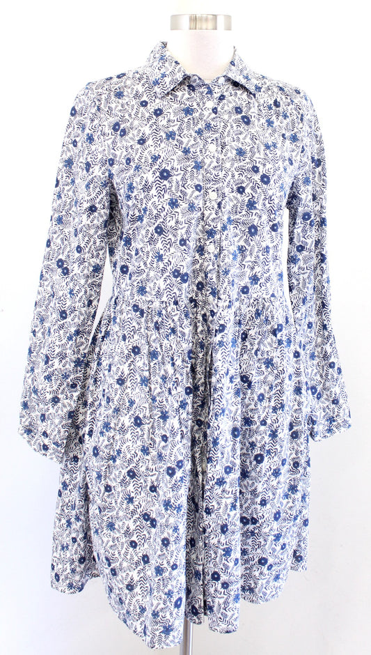 J Crew Factory Blue White Floral Button Front Fit and Flare Mini Shirt Dress 2