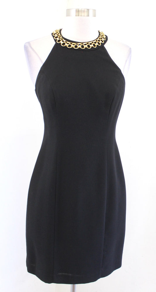 Vtg 90s Black Gold Chain Accent Halter Open Back Mini Dress LBD Size 2 Cocktail