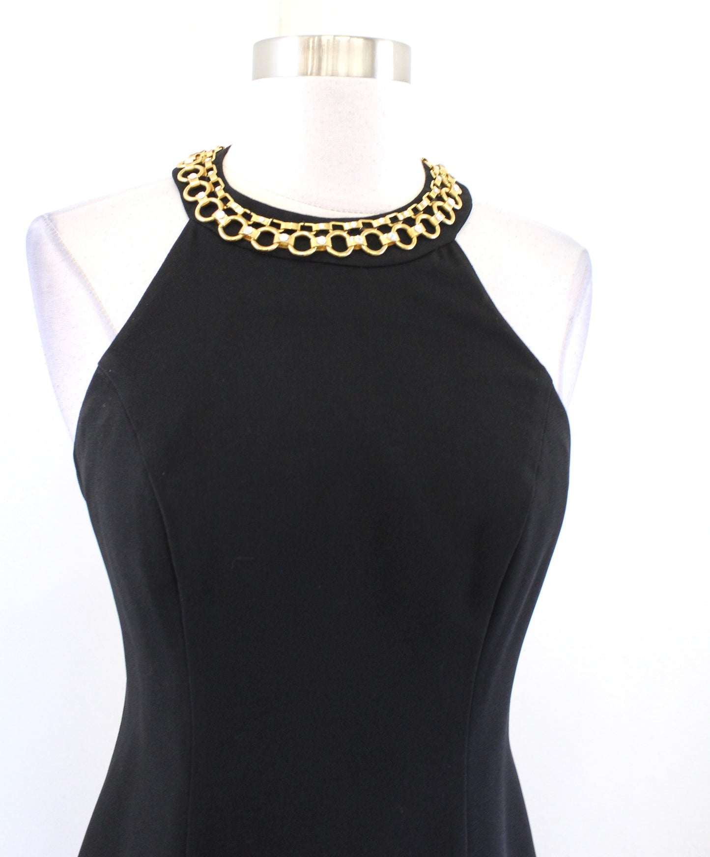 Vtg 90s Black Gold Chain Accent Halter Open Back Mini Dress LBD Size 2 Cocktail
