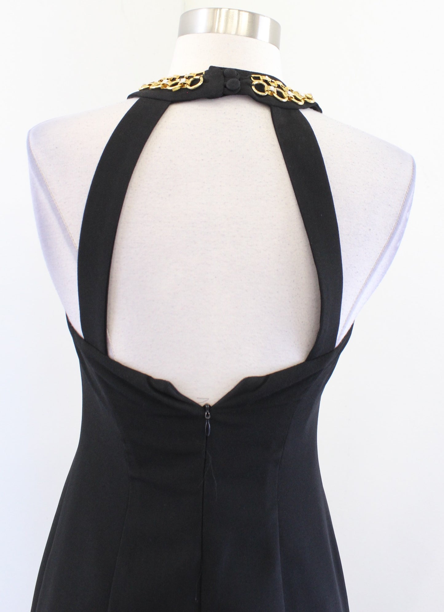 Vtg 90s Black Gold Chain Accent Halter Open Back Mini Dress LBD Size 2 Cocktail