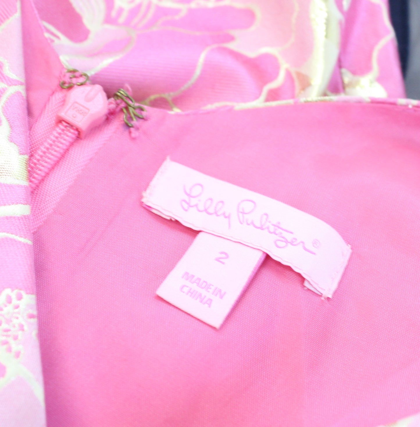 Lilly Pulitzer Kiki Pink Gold Metallic Floral Jacquard Sheath Dress Size 2 Silk