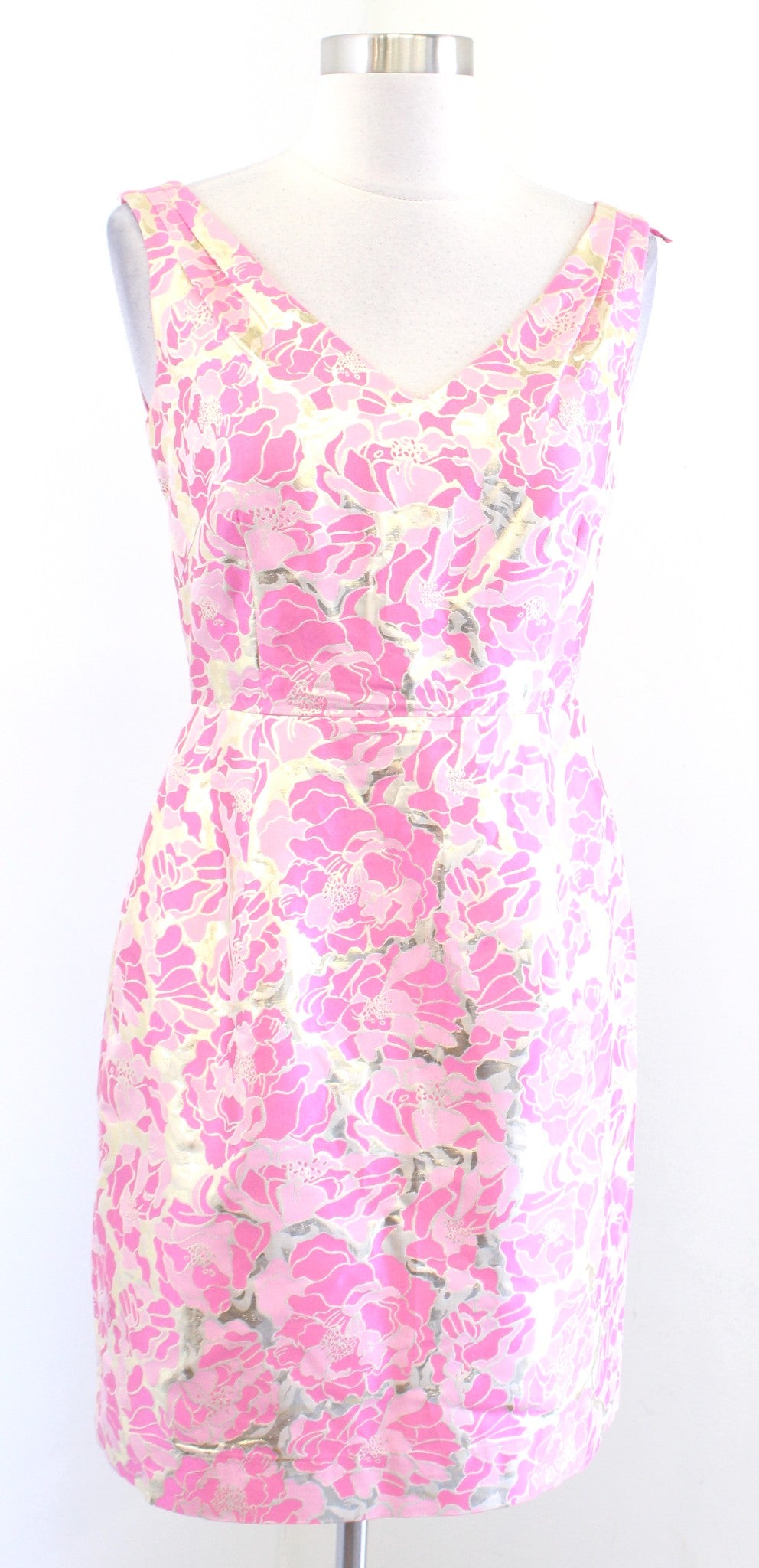 Lilly Pulitzer Kiki Pink Gold Metallic Floral Jacquard Sheath Dress Size 2 Silk