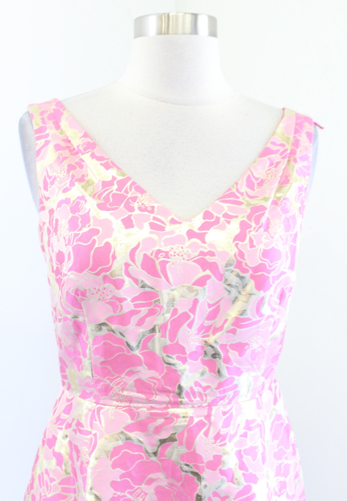 Lilly Pulitzer Kiki Pink Gold Metallic Floral Jacquard Sheath Dress Size 2 Silk