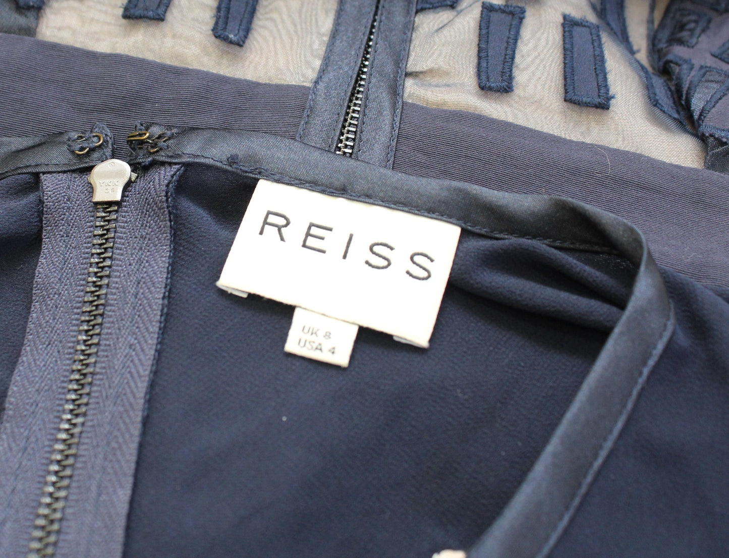 REISS Navy Blue Nude Mesh Illusion Embroidered Sheath Dress Size US 4 Cocktail