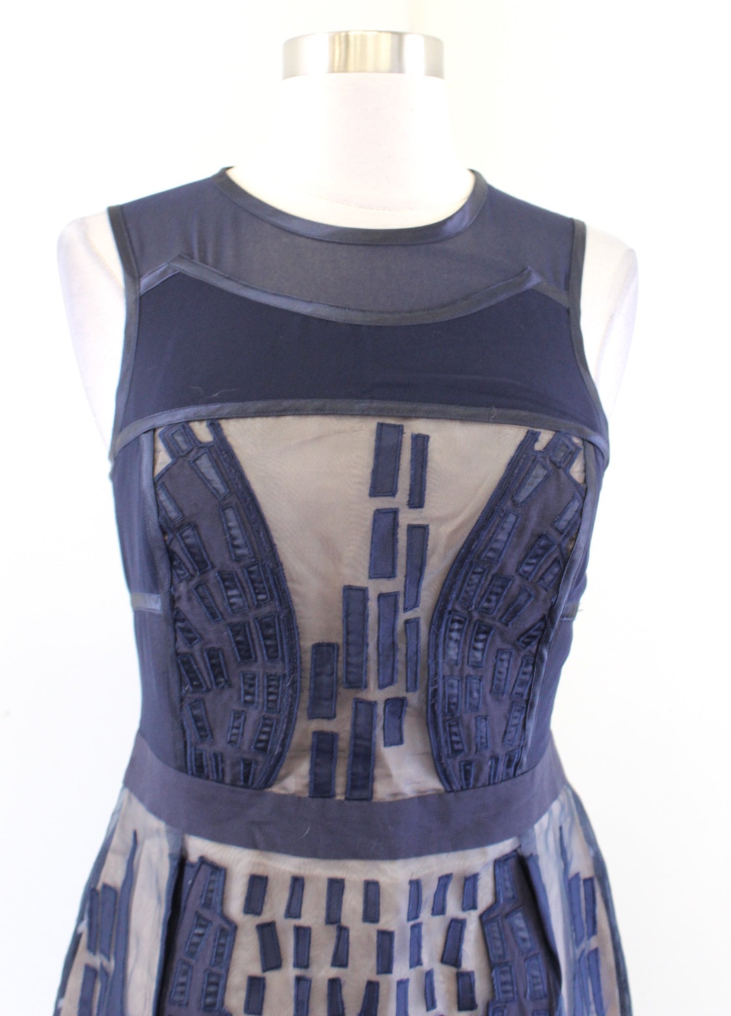REISS Navy Blue Nude Mesh Illusion Embroidered Sheath Dress Size US 4 Cocktail