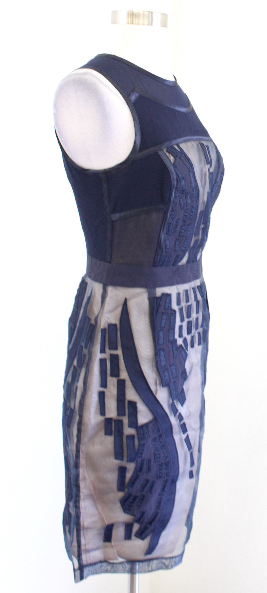 REISS Navy Blue Nude Mesh Illusion Embroidered Sheath Dress Size US 4 Cocktail