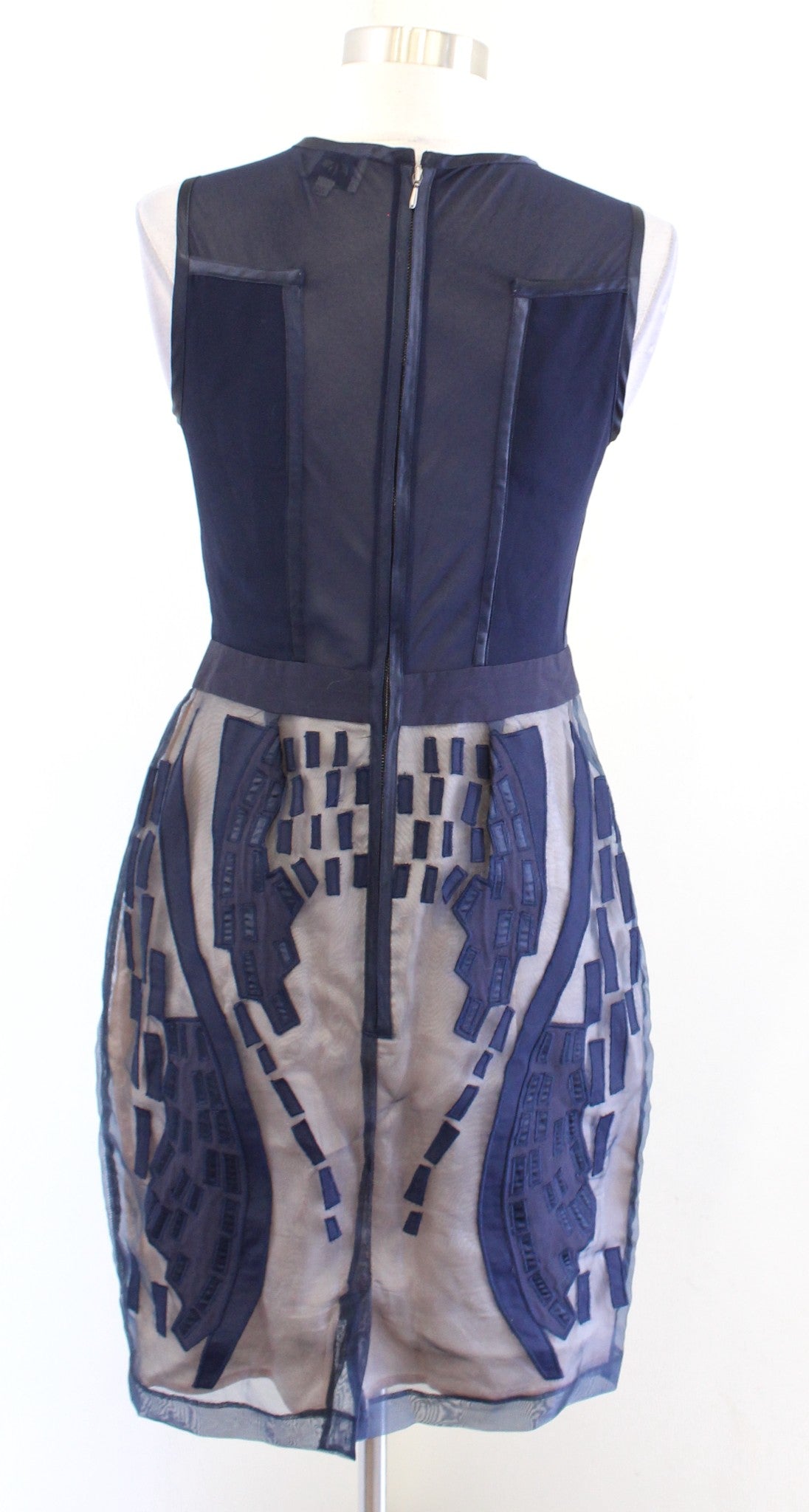 REISS Navy Blue Nude Mesh Illusion Embroidered Sheath Dress Size US 4 Cocktail
