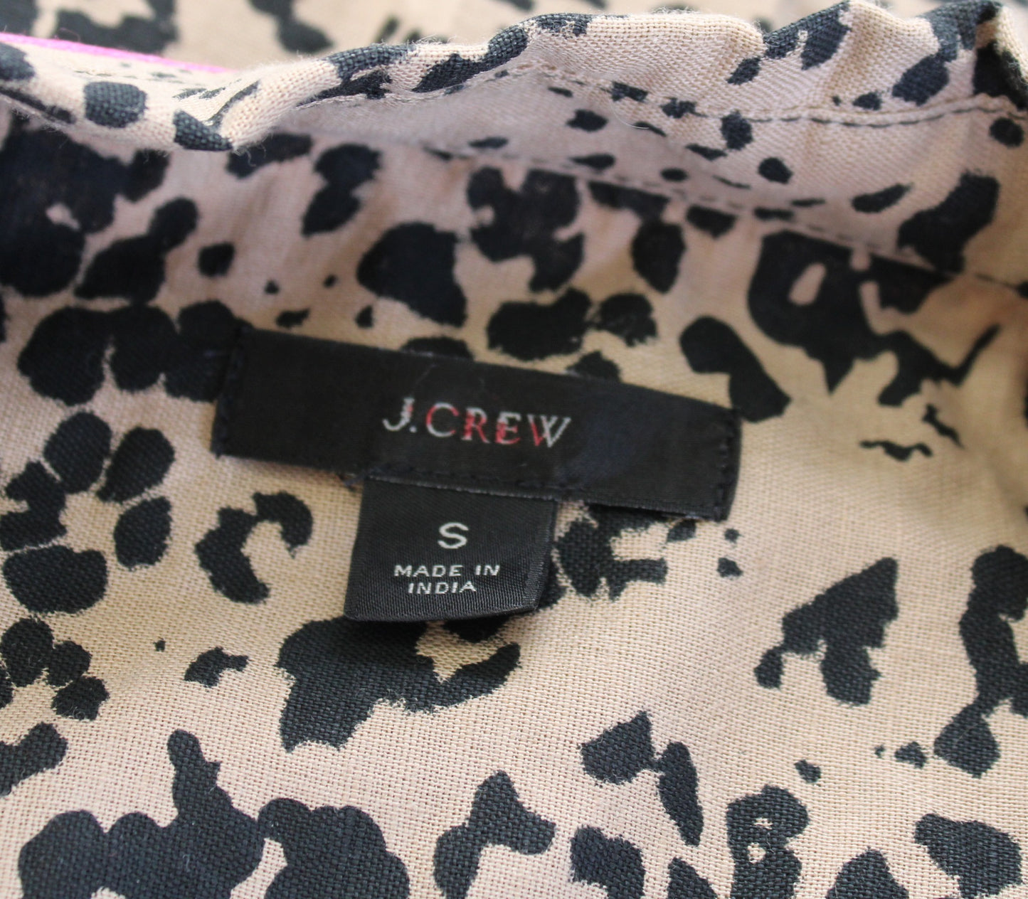 J Crew Brown Tan Black Leopard Print Button Down Shirt Blouse Linen Pink Trim S Long Sleeve