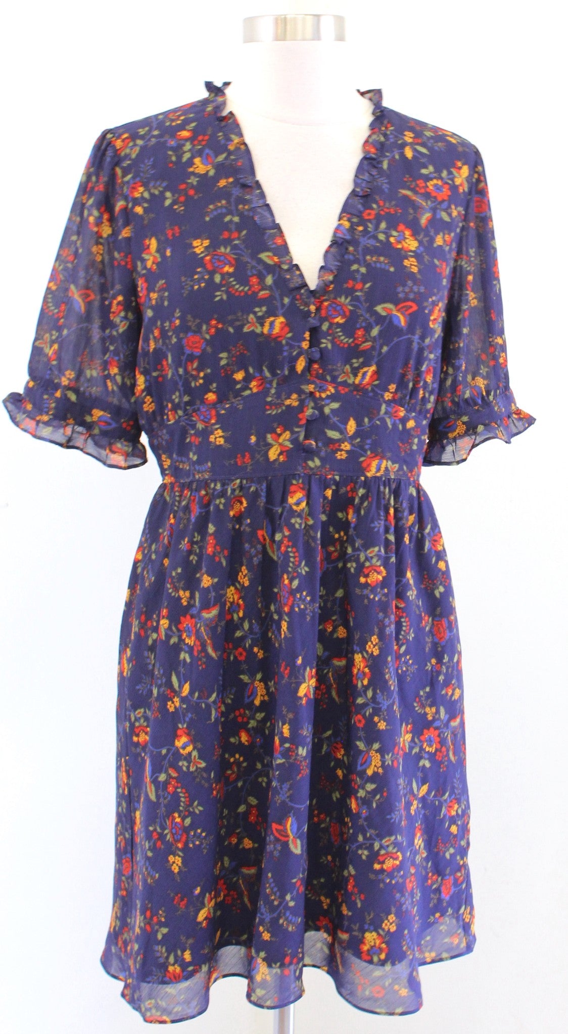 Madewell Navy Blue Freesia Climbing Vine Floral Print Dress Size 2 Ruffle V Neck