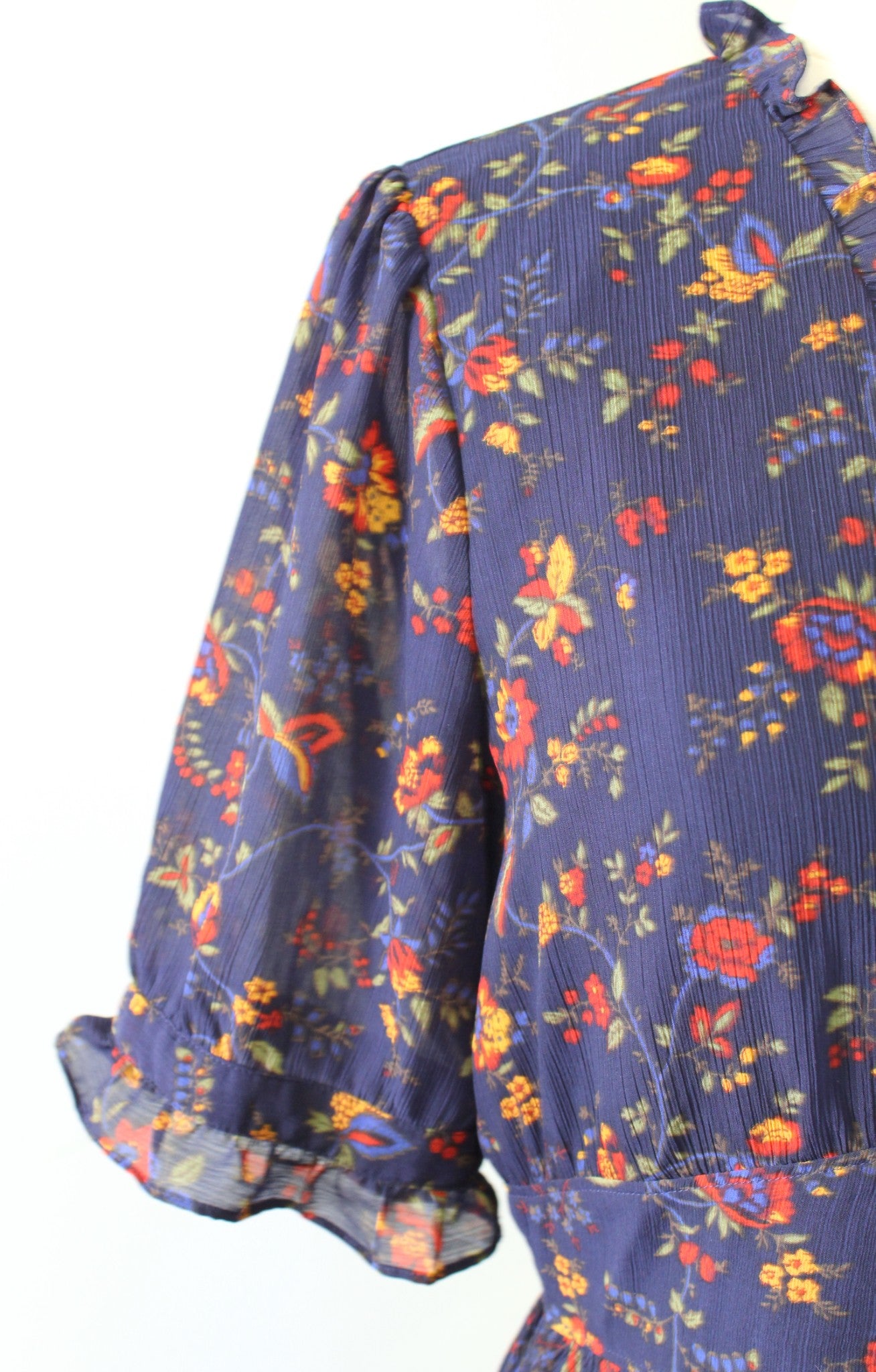 Madewell Navy Blue Freesia Climbing Vine Floral Print Dress Size 2 Ruffle V Neck