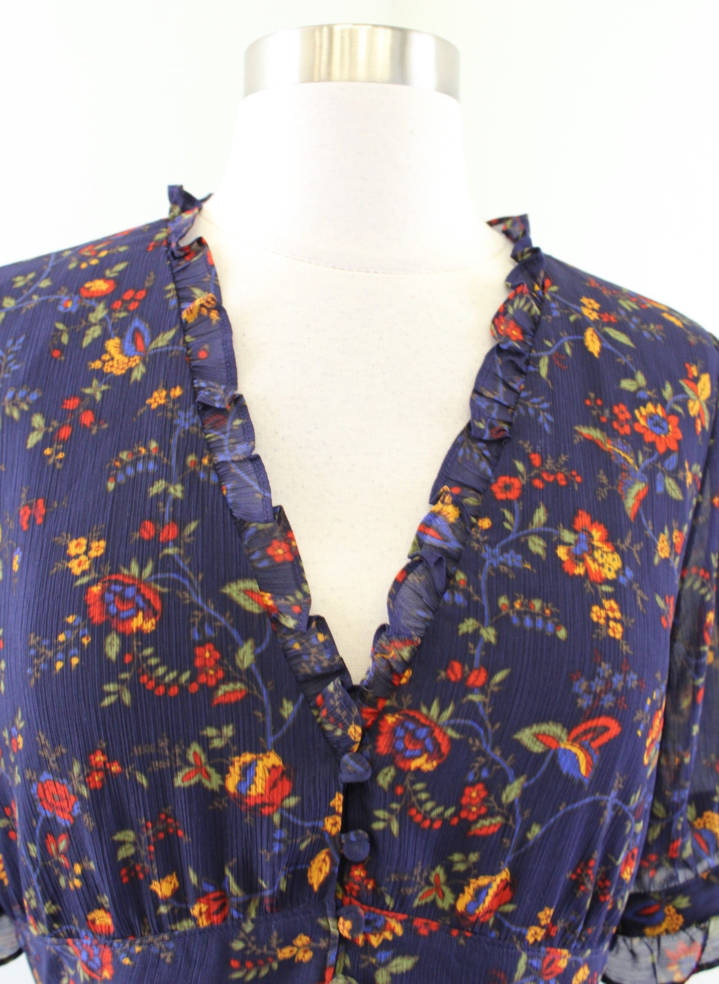 Madewell Navy Blue Freesia Climbing Vine Floral Print Dress Size 2 Ruffle V Neck