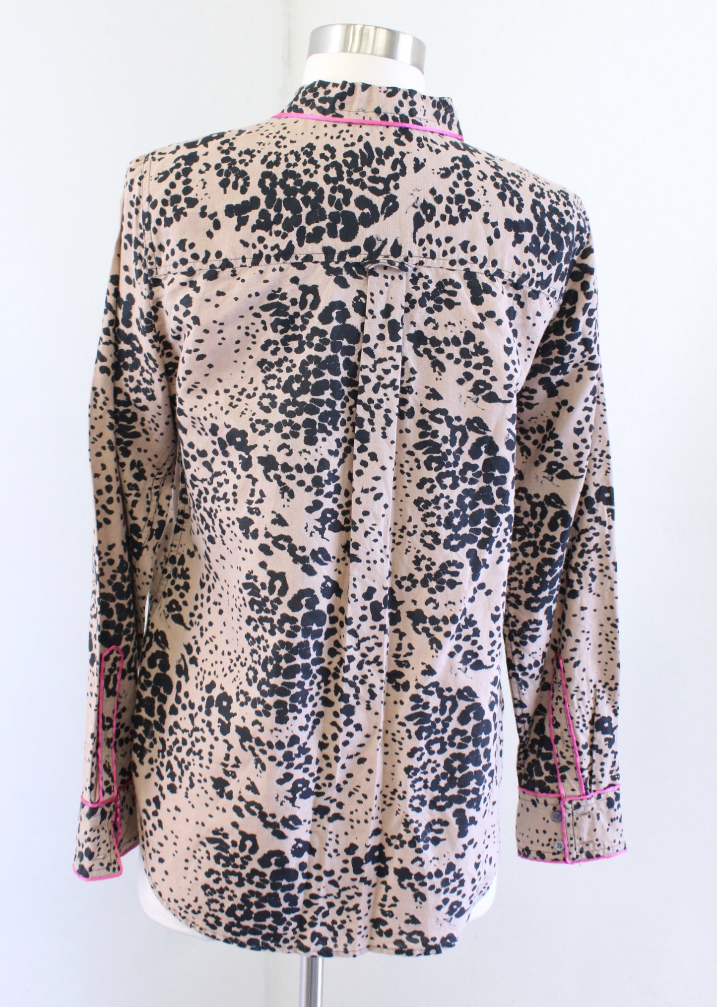 J Crew Brown Tan Black Leopard Print Button Down Shirt Blouse Linen Pink Trim S Long Sleeve