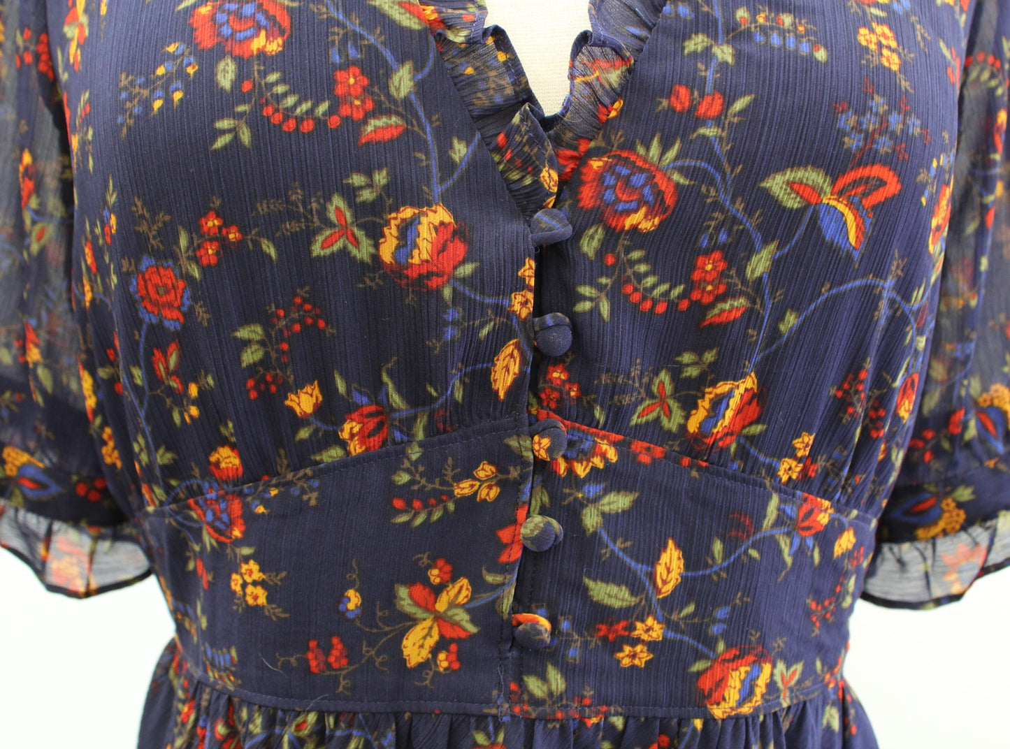 Madewell Navy Blue Freesia Climbing Vine Floral Print Dress Size 2 Ruffle V Neck