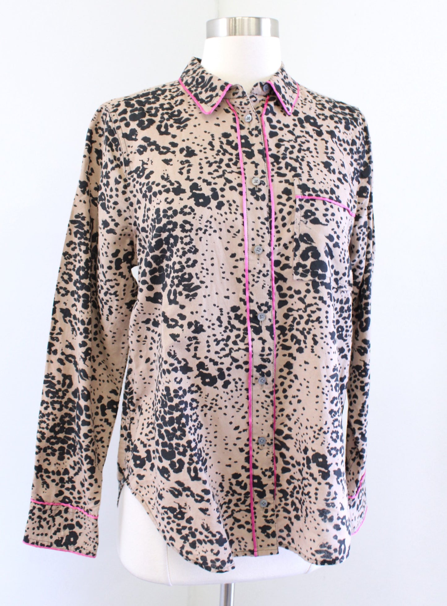 J Crew Brown Tan Black Leopard Print Button Down Shirt Blouse Linen Pink Trim S Long Sleeve