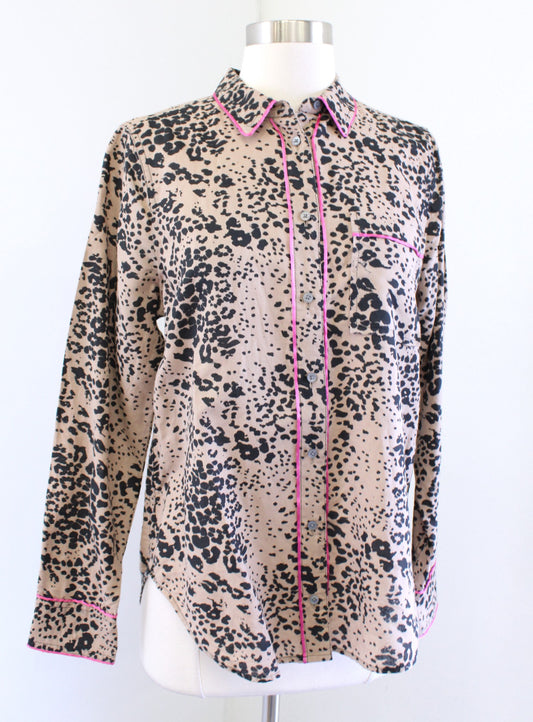 J Crew Brown Tan Black Leopard Print Button Down Shirt Blouse Linen Pink Trim S Long Sleeve
