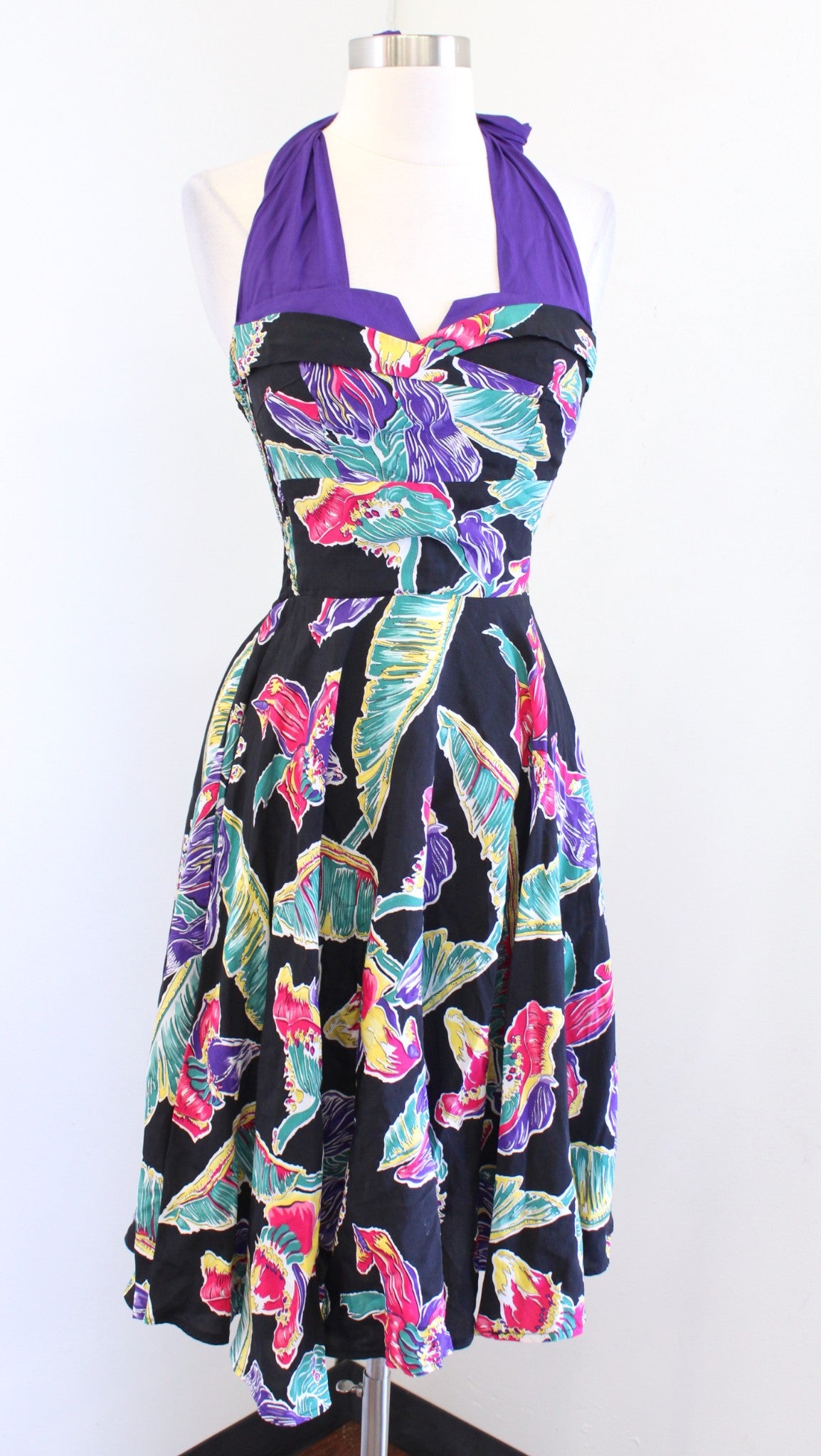 Trashy Diva Black Colorful Tropical Leaf Floral Halter Fit and Flare Dress Sz XS